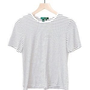 Lauren Ralph Lauren White Striped Scoop Neck T-Shirt Equestrian Academia Large